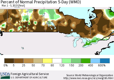 Canada Percent of Normal Precipitation 5-Day (WMO) Thematic Map For 3/1/2023 - 3/5/2023
