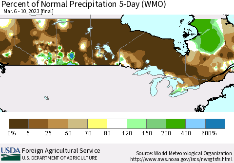 Canada Percent of Normal Precipitation 5-Day (WMO) Thematic Map For 3/6/2023 - 3/10/2023