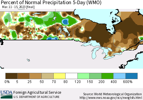 Canada Percent of Normal Precipitation 5-Day (WMO) Thematic Map For 3/11/2023 - 3/15/2023