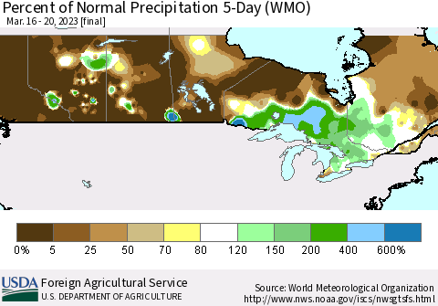 Canada Percent of Normal Precipitation 5-Day (WMO) Thematic Map For 3/16/2023 - 3/20/2023
