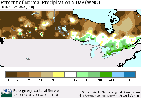 Canada Percent of Normal Precipitation 5-Day (WMO) Thematic Map For 3/21/2023 - 3/25/2023