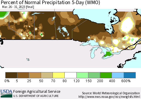Canada Percent of Normal Precipitation 5-Day (WMO) Thematic Map For 3/26/2023 - 3/31/2023