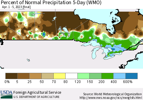Canada Percent of Normal Precipitation 5-Day (WMO) Thematic Map For 4/1/2023 - 4/5/2023