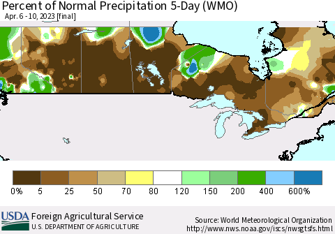 Canada Percent of Normal Precipitation 5-Day (WMO) Thematic Map For 4/6/2023 - 4/10/2023