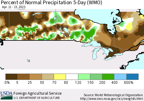 Canada Percent of Normal Precipitation 5-Day (WMO) Thematic Map For 4/11/2023 - 4/15/2023