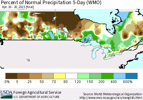 Canada Percent of Normal Precipitation 5-Day (WMO) Thematic Map For 4/16/2023 - 4/20/2023