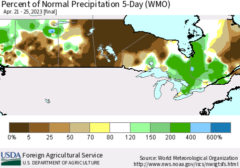 Canada Percent of Normal Precipitation 5-Day (WMO) Thematic Map For 4/21/2023 - 4/25/2023