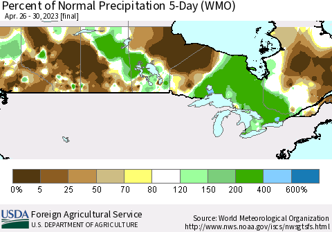Canada Percent of Normal Precipitation 5-Day (WMO) Thematic Map For 4/26/2023 - 4/30/2023