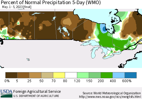Canada Percent of Normal Precipitation 5-Day (WMO) Thematic Map For 5/1/2023 - 5/5/2023