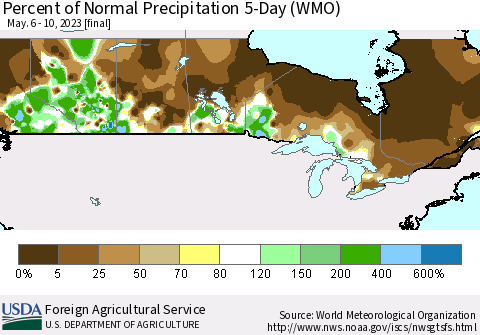 Canada Percent of Normal Precipitation 5-Day (WMO) Thematic Map For 5/6/2023 - 5/10/2023