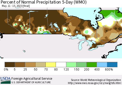 Canada Percent of Normal Precipitation 5-Day (WMO) Thematic Map For 5/11/2023 - 5/15/2023