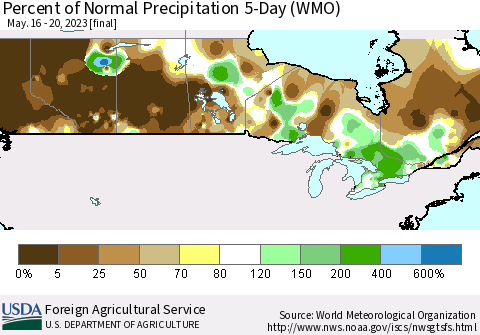 Canada Percent of Normal Precipitation 5-Day (WMO) Thematic Map For 5/16/2023 - 5/20/2023