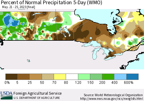 Canada Percent of Normal Precipitation 5-Day (WMO) Thematic Map For 5/21/2023 - 5/25/2023