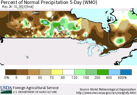 Canada Percent of Normal Precipitation 5-Day (WMO) Thematic Map For 5/26/2023 - 5/31/2023