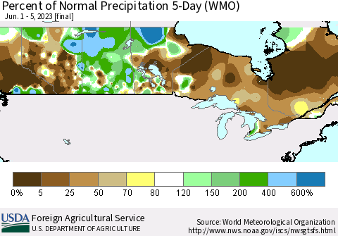 Canada Percent of Normal Precipitation 5-Day (WMO) Thematic Map For 6/1/2023 - 6/5/2023