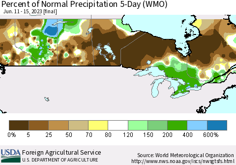 Canada Percent of Normal Precipitation 5-Day (WMO) Thematic Map For 6/11/2023 - 6/15/2023