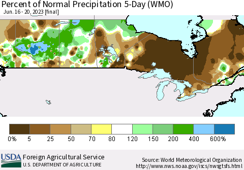 Canada Percent of Normal Precipitation 5-Day (WMO) Thematic Map For 6/16/2023 - 6/20/2023