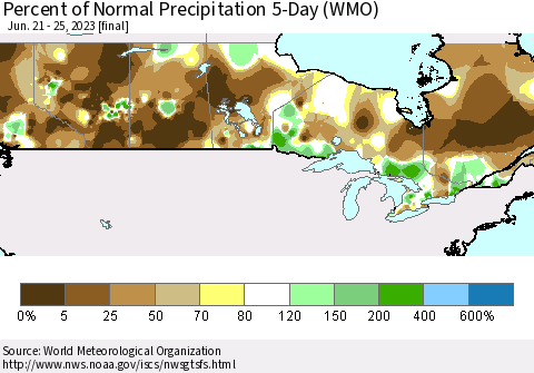 Canada Percent of Normal Precipitation 5-Day (WMO) Thematic Map For 6/21/2023 - 6/25/2023