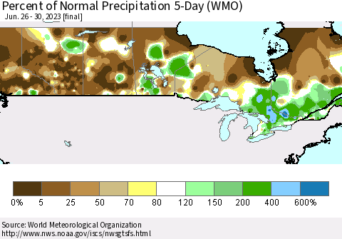 Canada Percent of Normal Precipitation 5-Day (WMO) Thematic Map For 6/26/2023 - 6/30/2023