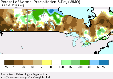 Canada Percent of Normal Precipitation 5-Day (WMO) Thematic Map For 7/1/2023 - 7/5/2023