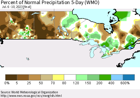 Canada Percent of Normal Precipitation 5-Day (WMO) Thematic Map For 7/6/2023 - 7/10/2023