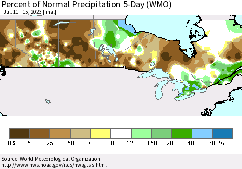 Canada Percent of Normal Precipitation 5-Day (WMO) Thematic Map For 7/11/2023 - 7/15/2023
