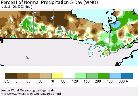 Canada Percent of Normal Precipitation 5-Day (WMO) Thematic Map For 7/16/2023 - 7/20/2023