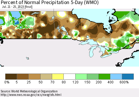 Canada Percent of Normal Precipitation 5-Day (WMO) Thematic Map For 7/21/2023 - 7/25/2023