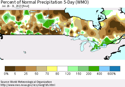 Canada Percent of Normal Precipitation 5-Day (WMO) Thematic Map For 7/26/2023 - 7/31/2023