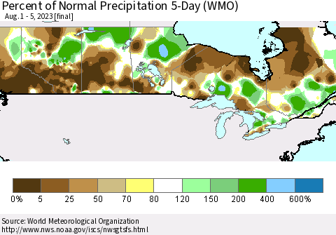 Canada Percent of Normal Precipitation 5-Day (WMO) Thematic Map For 8/1/2023 - 8/5/2023