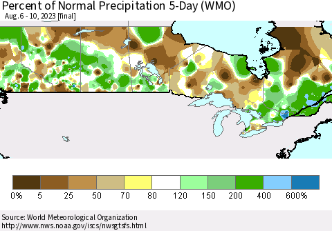 Canada Percent of Normal Precipitation 5-Day (WMO) Thematic Map For 8/6/2023 - 8/10/2023