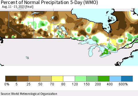 Canada Percent of Normal Precipitation 5-Day (WMO) Thematic Map For 8/11/2023 - 8/15/2023
