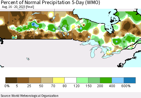 Canada Percent of Normal Precipitation 5-Day (WMO) Thematic Map For 8/16/2023 - 8/20/2023