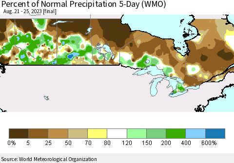 Canada Percent of Normal Precipitation 5-Day (WMO) Thematic Map For 8/21/2023 - 8/25/2023