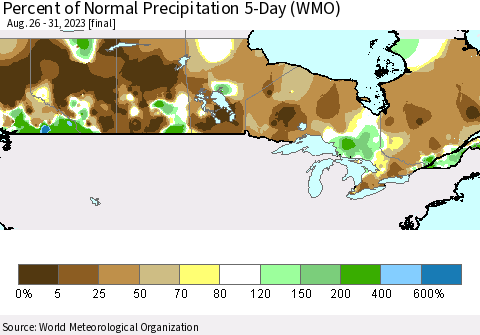 Canada Percent of Normal Precipitation 5-Day (WMO) Thematic Map For 8/26/2023 - 8/31/2023
