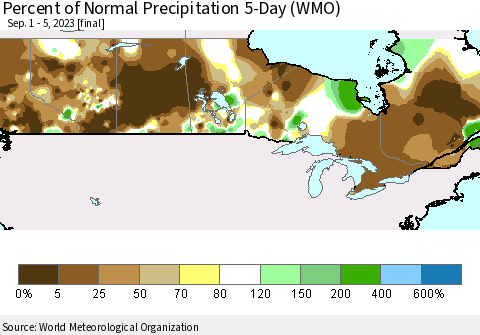 Canada Percent of Normal Precipitation 5-Day (WMO) Thematic Map For 9/1/2023 - 9/5/2023
