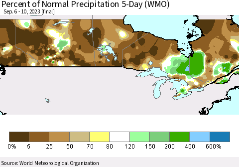 Canada Percent of Normal Precipitation 5-Day (WMO) Thematic Map For 9/6/2023 - 9/10/2023