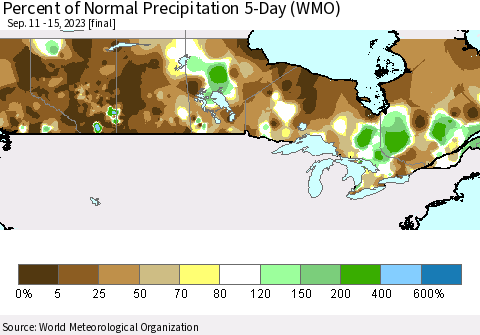 Canada Percent of Normal Precipitation 5-Day (WMO) Thematic Map For 9/11/2023 - 9/15/2023