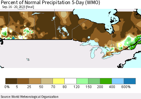 Canada Percent of Normal Precipitation 5-Day (WMO) Thematic Map For 9/16/2023 - 9/20/2023