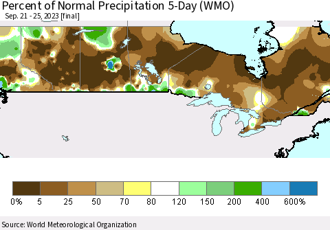 Canada Percent of Normal Precipitation 5-Day (WMO) Thematic Map For 9/21/2023 - 9/25/2023