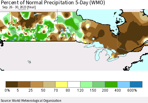 Canada Percent of Normal Precipitation 5-Day (WMO) Thematic Map For 9/26/2023 - 9/30/2023