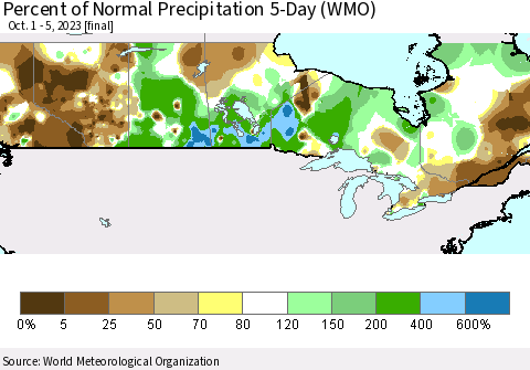 Canada Percent of Normal Precipitation 5-Day (WMO) Thematic Map For 10/1/2023 - 10/5/2023
