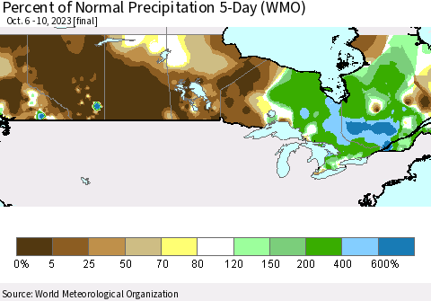 Canada Percent of Normal Precipitation 5-Day (WMO) Thematic Map For 10/6/2023 - 10/10/2023