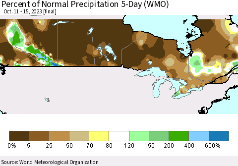 Canada Percent of Normal Precipitation 5-Day (WMO) Thematic Map For 10/11/2023 - 10/15/2023