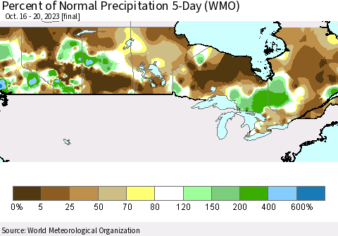Canada Percent of Normal Precipitation 5-Day (WMO) Thematic Map For 10/16/2023 - 10/20/2023