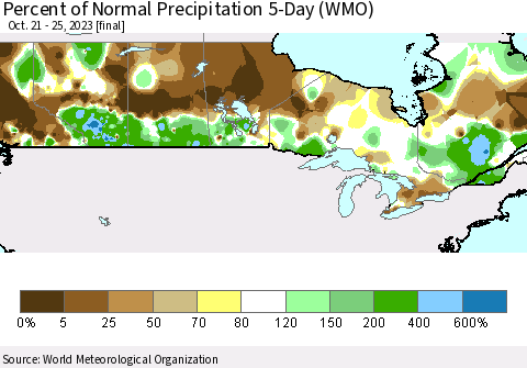 Canada Percent of Normal Precipitation 5-Day (WMO) Thematic Map For 10/21/2023 - 10/25/2023