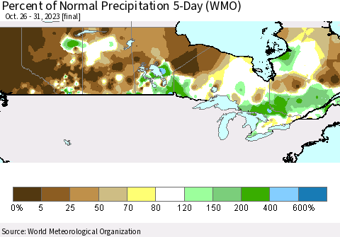 Canada Percent of Normal Precipitation 5-Day (WMO) Thematic Map For 10/26/2023 - 10/31/2023