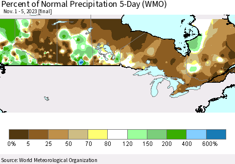 Canada Percent of Normal Precipitation 5-Day (WMO) Thematic Map For 11/1/2023 - 11/5/2023