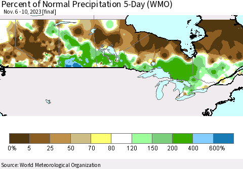 Canada Percent of Normal Precipitation 5-Day (WMO) Thematic Map For 11/6/2023 - 11/10/2023
