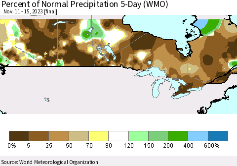 Canada Percent of Normal Precipitation 5-Day (WMO) Thematic Map For 11/11/2023 - 11/15/2023